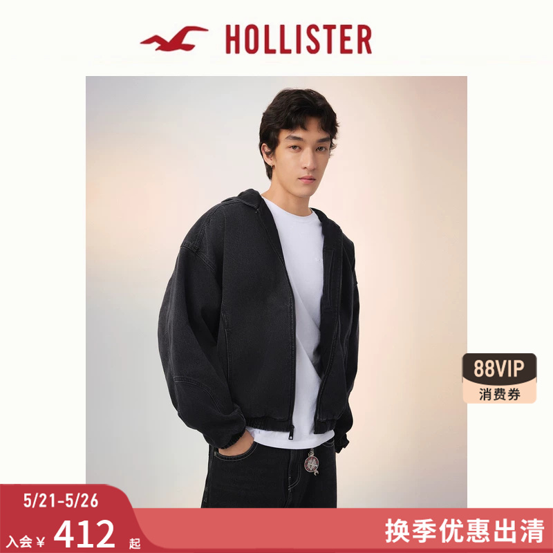 Hollister25 Autumn and Winter Black Hooded Washed Silhouette Denim Black Jacket Men's Clothing 332-5051