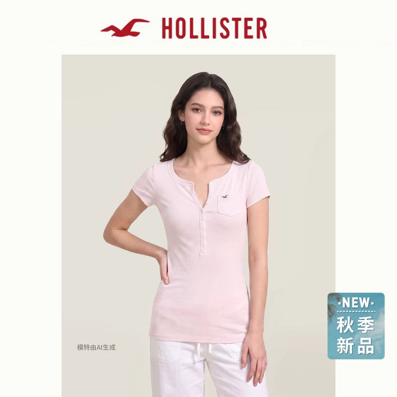 Футболка с короткими рукавами Hollister little seagull с американским воротником Генри и рисунком чайки 26, осенняя новая женская одежда 339-26036 Изображение 1