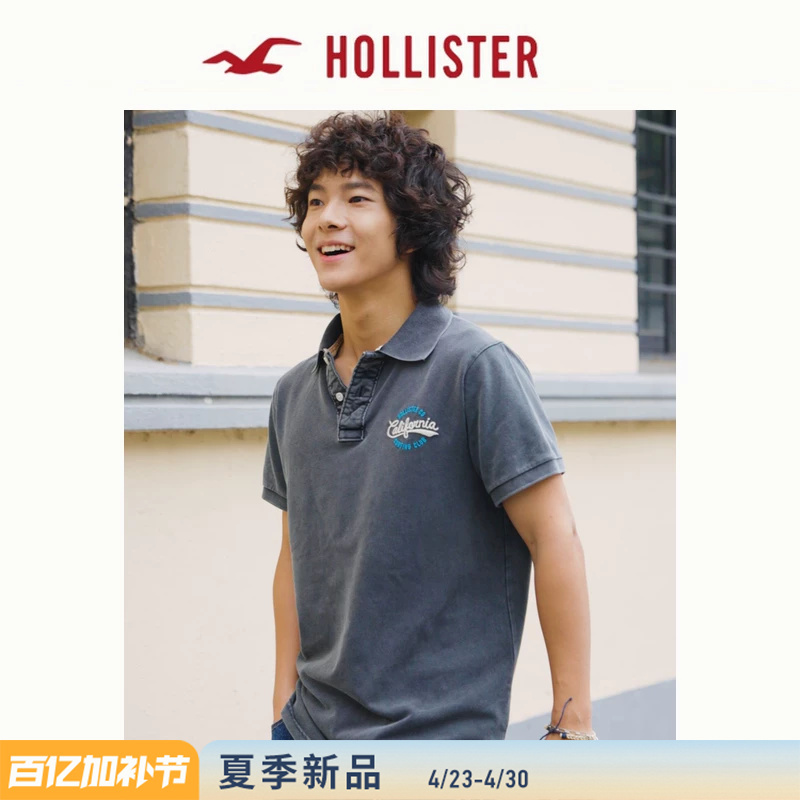 Hollister Retro Logo Black Washed Short-Sleeved Polo Shirt T-Shirt 26 Summer New Men's Clothing 324-6730