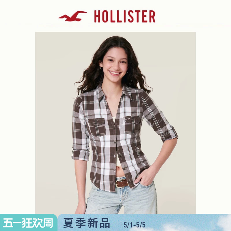Hollister Small Seagull Pattern American Cotton Retro Plaid Shirt 26 Spring and Summer Women's Clothing 340-6180