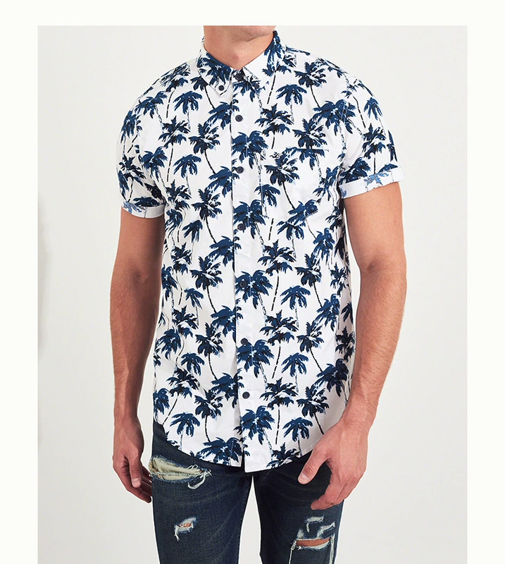 Hollister mùa thu 2018 mới co giãn sơ mi ngắn tay poplin nam 218768-1 sơ mi cổ trụ