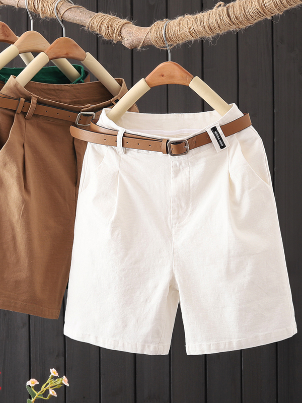 Women's Loose-Fitting White Casual Shorts, Suit Pants, High-Waisted Slimming Straight-Leg Cotton-Linen Wide-Leg Pants, Thin
