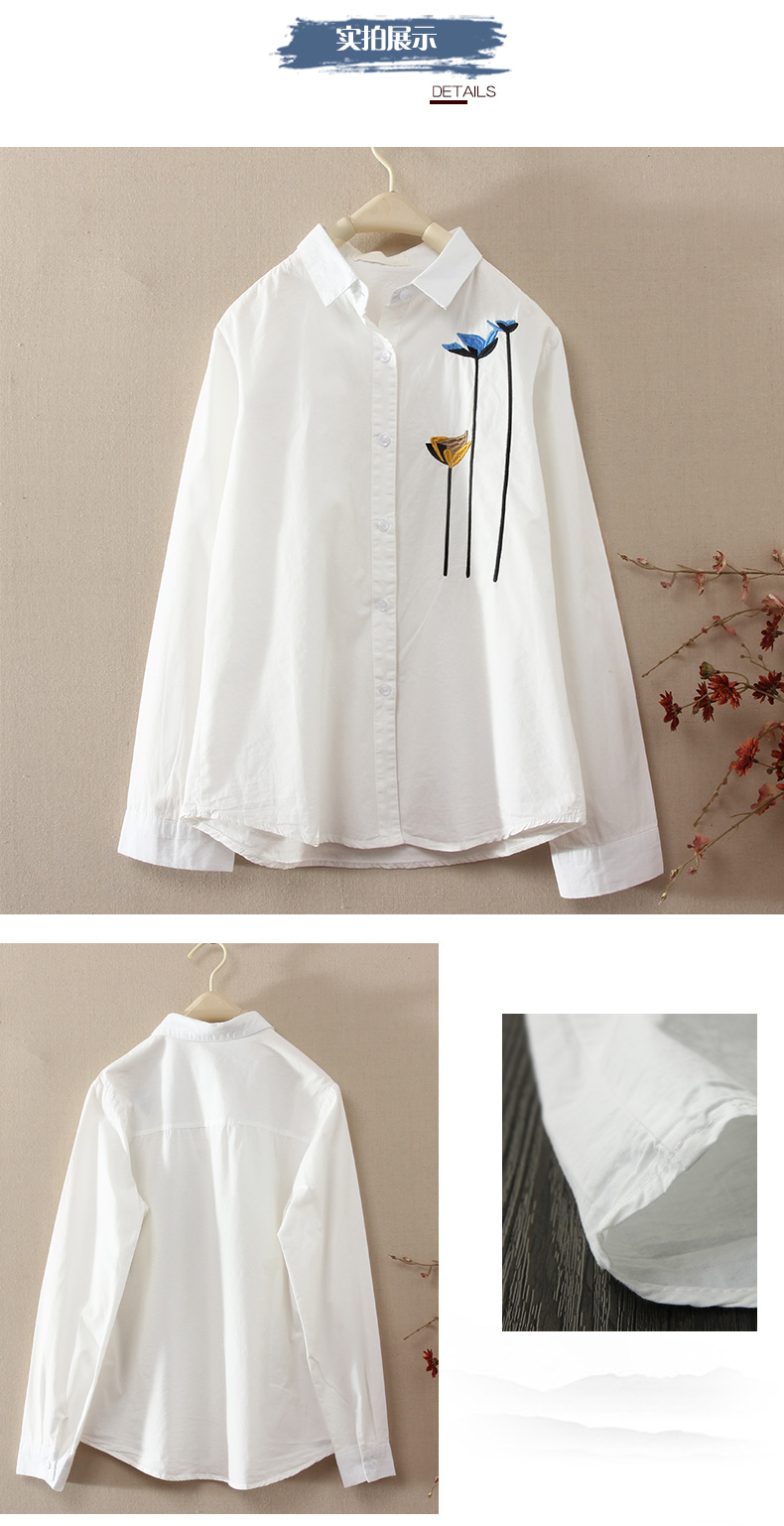 Áo sơ mi trắng tay dài nữ 2018 xuân mới POLO cổ áo văn nhân nhân viên áo cardigan thêu thêu đáy áo áo kiểu voan