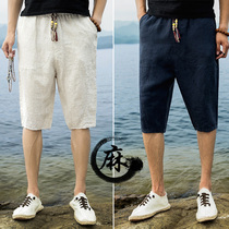 Hengyuanxiang linen shorts mens summer three-point pants Chinese style cotton and linen overalls sports beach pants elastic waist