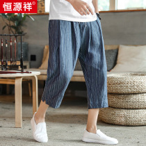 Hengyuanxiang linen pants mens summer thin Chinese style casual shorts loose straight cotton and linen three-point pants lace-up
