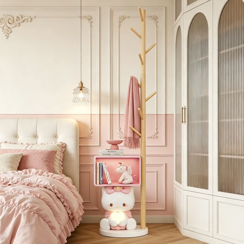 Cartoon Pink Cat Bedside Table Clothes Rack Children's Room Bedside Hanging Clothes Rack Storage Rack Bedroom Girly Hat Rack