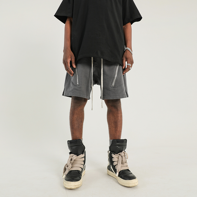 American High Street Style Double Zipper Shorts for Men, Loose Drop-Crotch Pants, Trendy Vibe Casual Sports Shorts, Summer Five-Point Pants