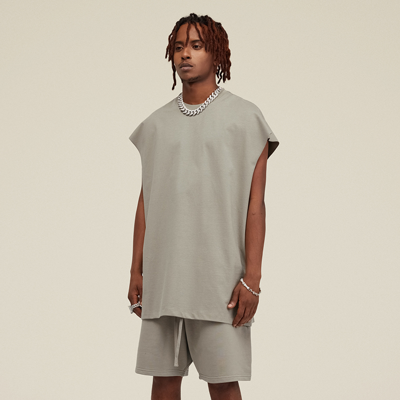 305g Heavyweight Sleeveless T-Shirt for Men, Trendy Brand Kanye, European and American High Street Style, Solid Color Loose Vest for Summer