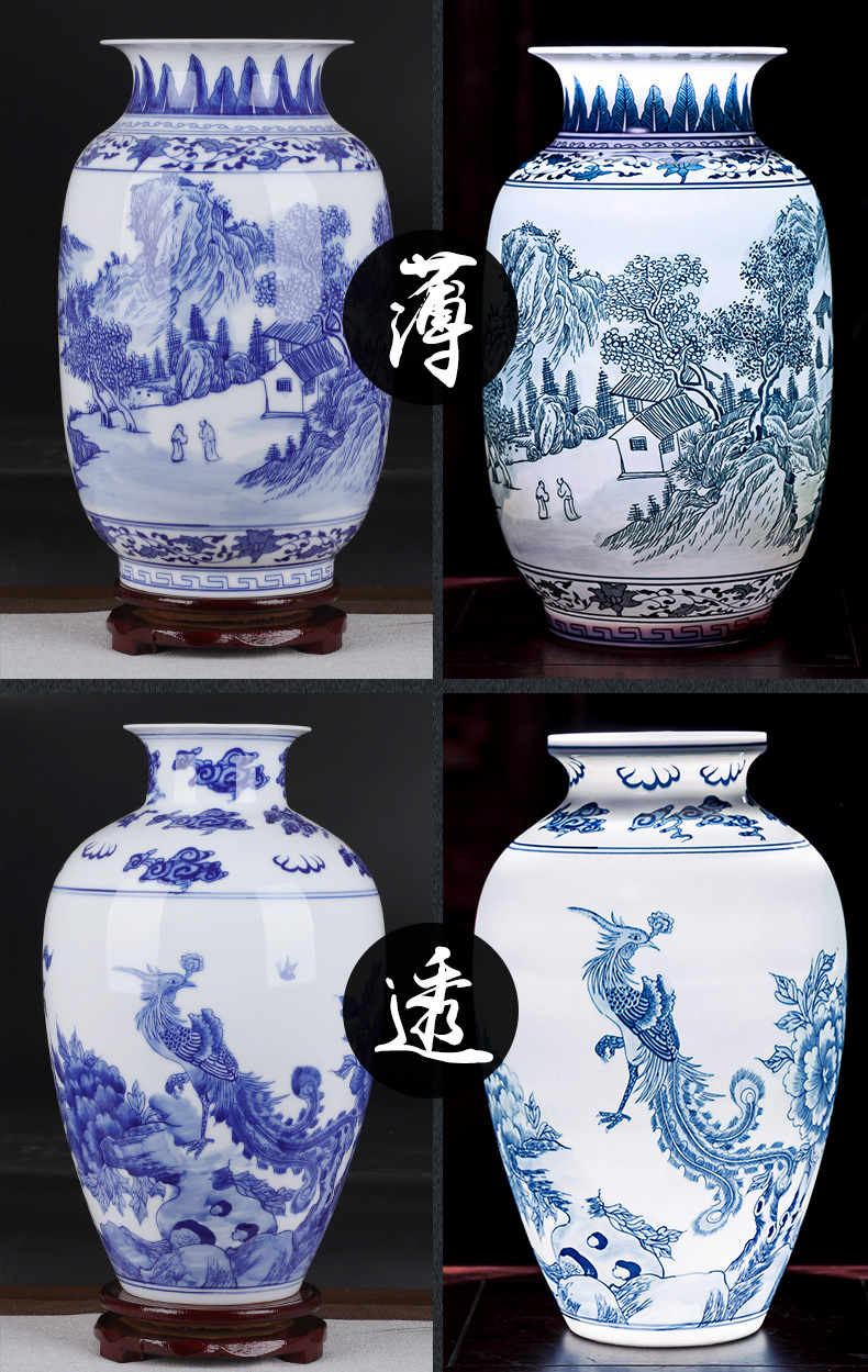 Blue and white porcelain of jingdezhen ceramics landscape painting of flowers and thin foetus vases, flower arrangement sitting room adornment of Chinese style household furnishing articles