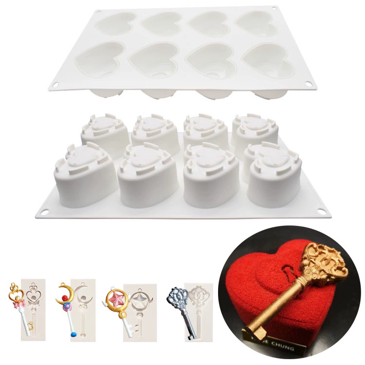 Miễn phí 8 khóa trái tim Chìa khóa tình yêu Mousse hình trái tim Khuôn bánh ngọt Pháp Khuôn silicone Ngày lễ tình nhân - Tự làm khuôn nướng