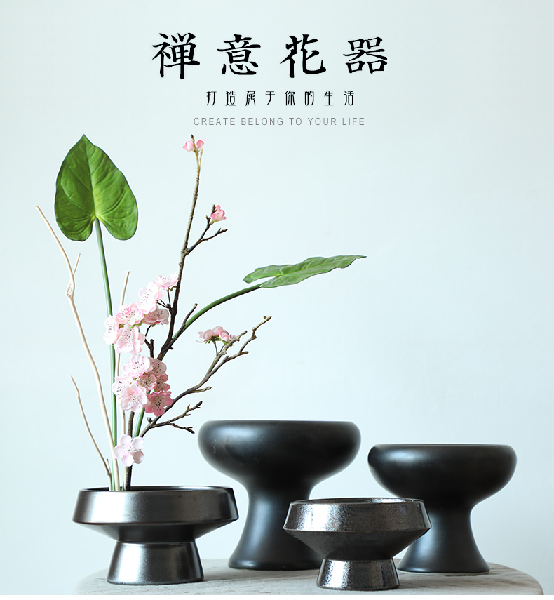 Black ceramic flower arranging disc sword mountain flower arrangement is small the the original Japanese zen liuhua road, creative flowerpot contracted the new Chinese style