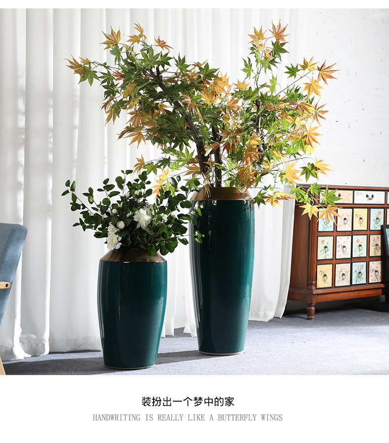 American light key-2 luxury new Chinese golden flower arranging large ceramic floor vase modern hotel home sitting room porch decoration