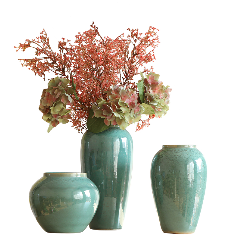 Jingdezhen ceramic little sitting room of Chinese style decoration green vase furnishing articles retro clay coarse pottery hydroponic flowers vase