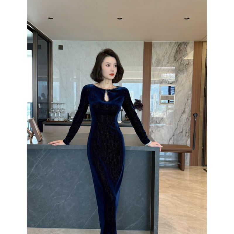 Cai Cai Jia [Deep Sea Stars] Deep Sea Blue Water Drop Hollow Collar Vintage Slimming Long Sleeve Light Luxury High Waist Dress