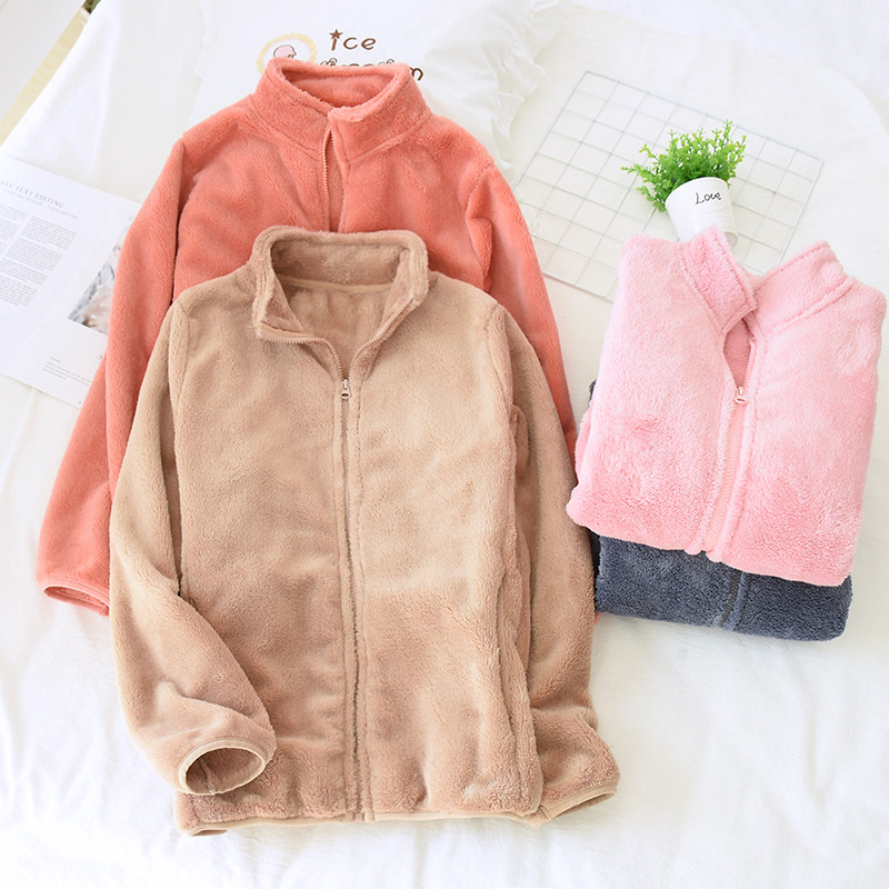 Extras Coral Fleece Pyjamas women's single piece blouse autumn winter open-shirt upright collar Home Jacket Flannel Clothes Pure Color