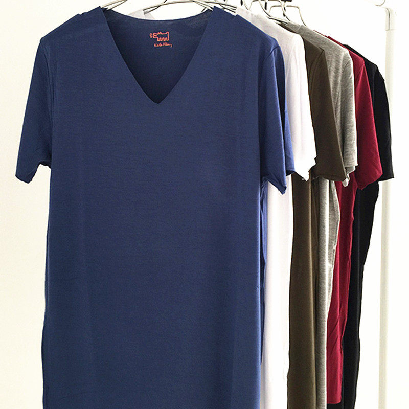 Spring Summer pure color no-mark short sleeve t-shirt Modale V collar large size male T-shirt easy to beat undershirt and black and white no side
