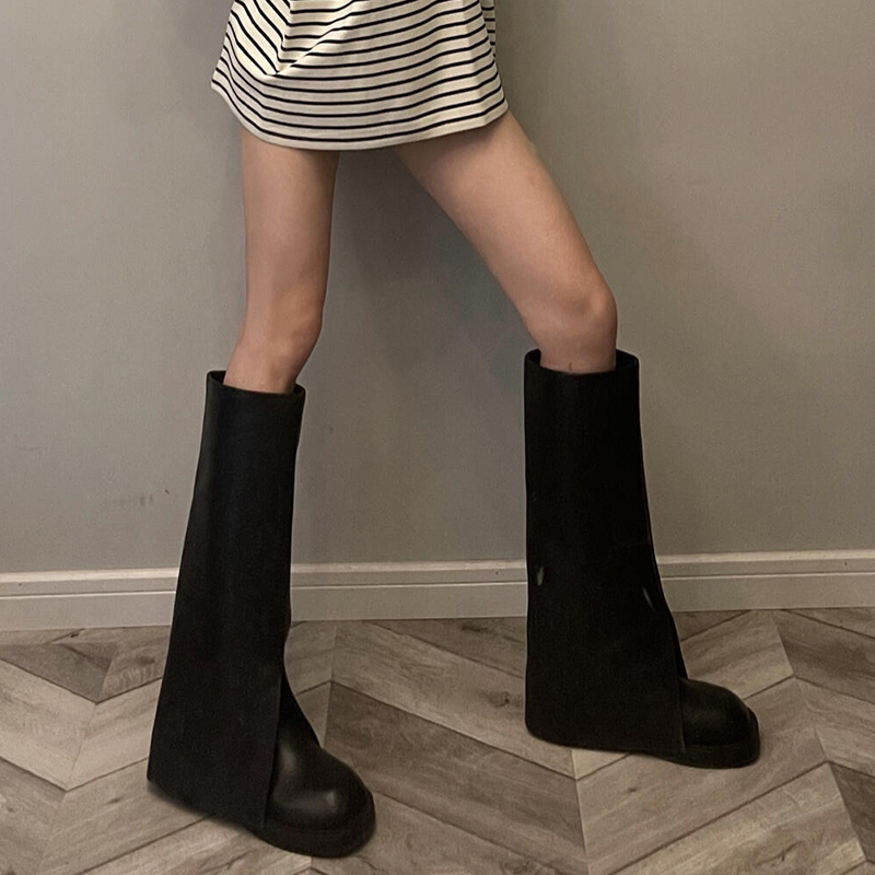 Autumn and Winter New Round-Toe Thick-Soled Trouser Boots for Women, Black Fashionable Trendy Genuine Leather Over-The-Knee High Boots for Women