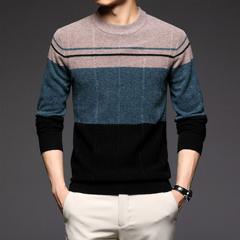 Autumn Winter Personality Collision Color Round Collar Sweater Male Korean Version Trendy Sheep Sweatshirt Warm Male Handsome Qi Knit Undershirt