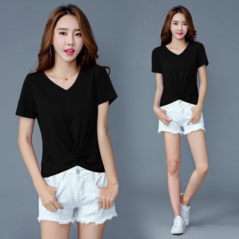 Áo thun tím nữ lụa ngắn tay 2018 hè mới Han Fan diện đồ rộng hoang dã có kích thước lớn là áo thun cổ chữ V mỏng áo phông đen nữ