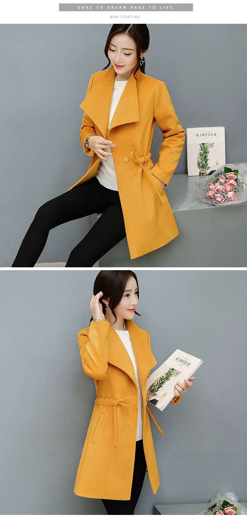 Winter Women Warm Wool Lapel Trench Coat Long Slim Overcoat Outwear