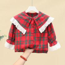 Girls plaid shirt autumn 2021 new foreign style childrens shirt long sleeve girl doll collar top Korean tide