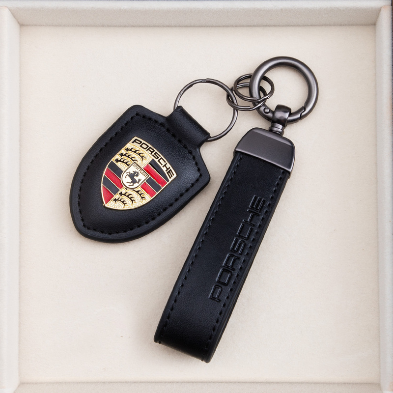 Porsche Panamera Cayenne 911 Classic Series Shield Emblem Keychain Genuine Leather Keyring Key Chain Lanyard