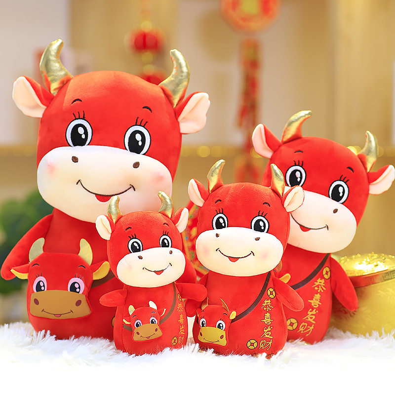 2021 Bull Year Mascot Paparazzi Hair Treasure Red Envelopes Bull Doll Plush Stuffed Toy Auspicious Ruyi Cattle Custom Logo