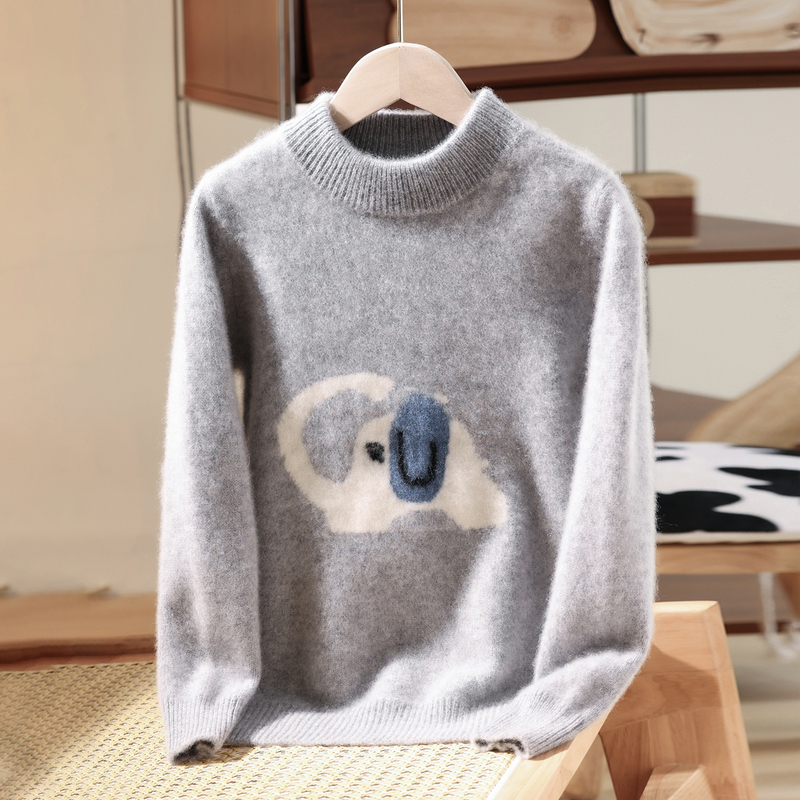 Children's Thick Pure Wool Sweater with Small Elephant Design, Half-Turtleneck Pullover for Boys and Girls, Fashionable Base Layer Top for Older Children