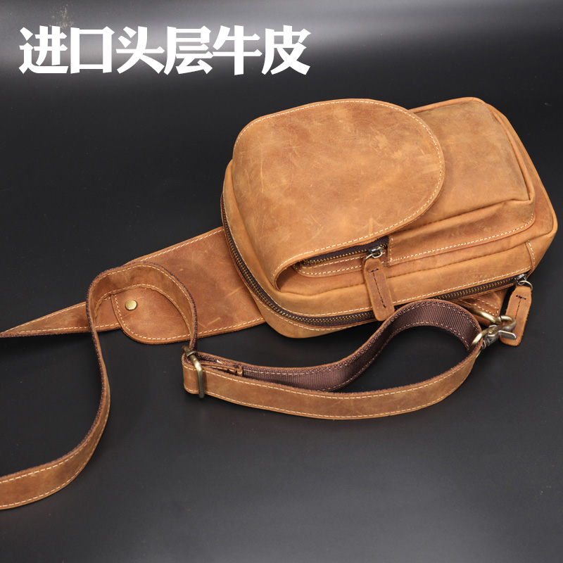Korean Version Tide Genuine Leather Men's Chest Bag Fashion Retro Crazy Horse Leather Chest Front Baotou Layer Bull Leather Sport Single Shoulder Inclined Satchel Bag