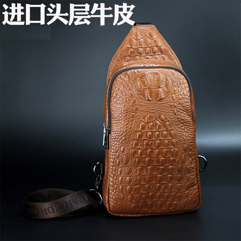 European and American fashion men's chest bag genuine leather IPAD backpack high-grade crocodile pattern top layer cowhide chest bag one-shoulder Messenger bag