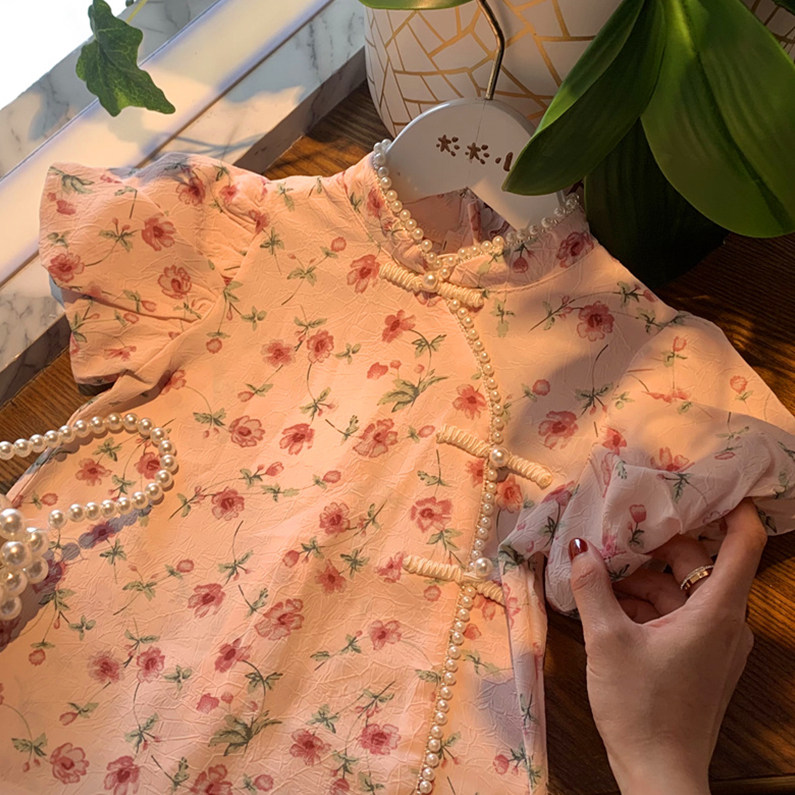 Girls cheongsam Chinese style children's 2022 summer children's clothing costume skirt baby princess chiffon floral dress