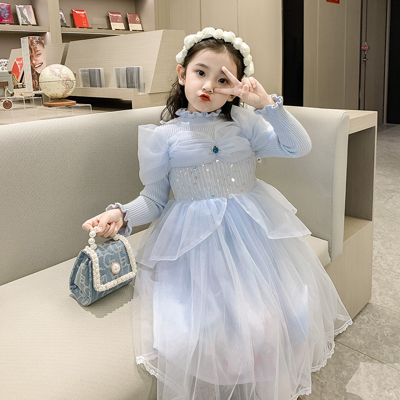 Girls dress foreign school knitted mesh dress fairy spring and autumn 2022 new fashionable baby princess skirt birthday skirt