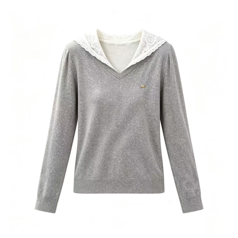 [Big Clearance] C597 Gentle Style V-Neck Lace Cap Versatile Niche Design Long Sleeve T-Shirt