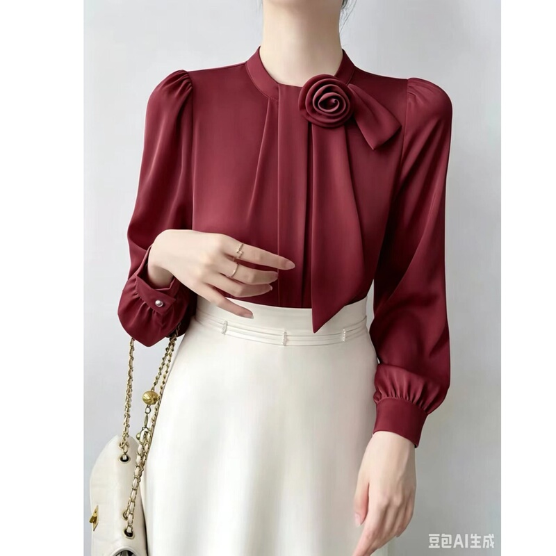 【Big Clearance】C578 Elegant Three-Dimensional Floral Ribbon Long-Sleeve Top Versatile Stylish Blouse