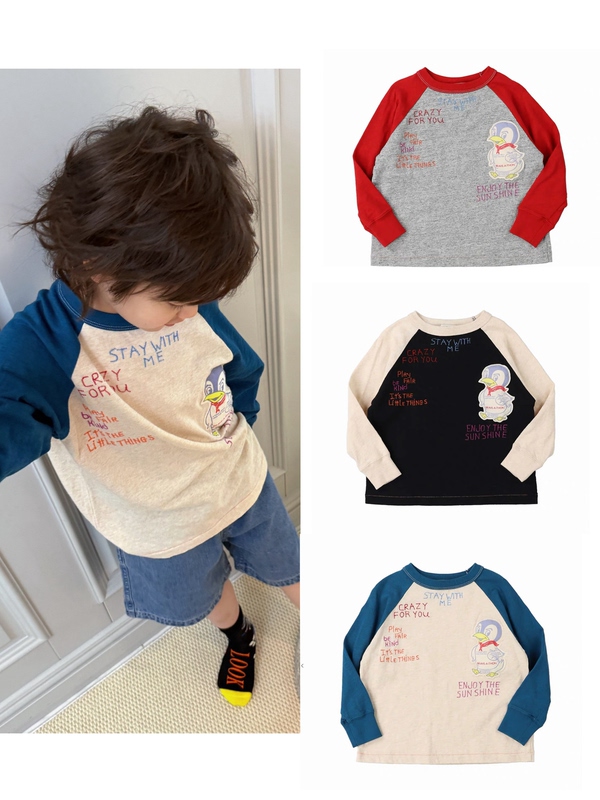 Niuniuy Kids New Penguin Print Long-Sleeved T-Shirt for Boys and Girls, Bread Penguin Embroidered Raglan Sleeve T-Shirt
