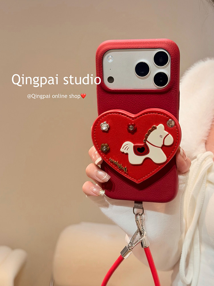 Lightweight Leather New Year Red 3D Heart Mirror Case with Lanyard Suitable for Apple 17 Pro Max Phone Case iPhone 16 Pro New Model 15 Women's Model 14 Simple 13 High-End Full-Cover Hard Case