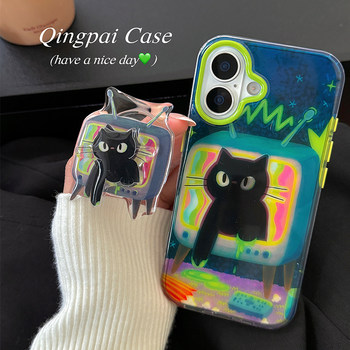 Lightweight Personalized Oil Painting Graffiti Black Cat Stand Suitable for Apple 16 Pro Max Phone Case iPhone 13 New Model 15 Pro Women's Model 14 Double-Layer Case ins Trendy Internet Celebrity Full-Cover Hard Case