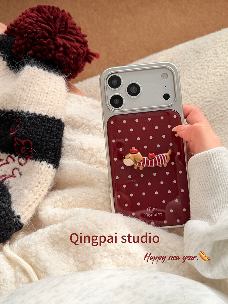 Lightweight ins Red Polka Dot 3D Dachshund Phone Case for Apple 17 Pro Max, iPhone 16 Pro New Model, 15 Women's Model, 14 Silver Frame, 13 New Year Creative Full-Cover Hard Case