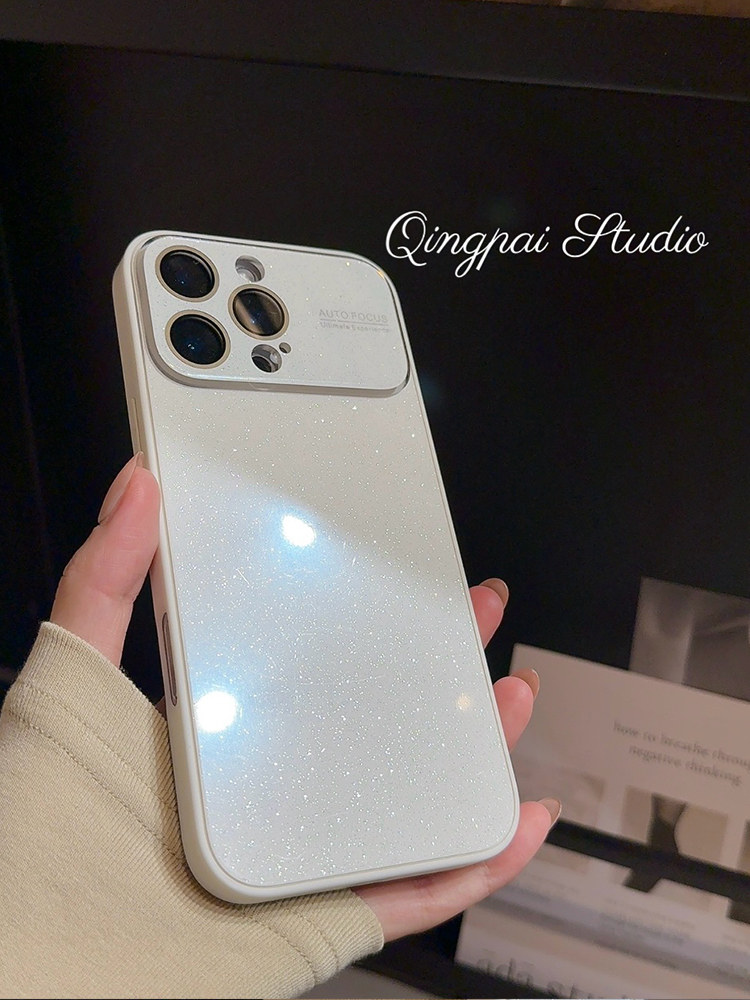 Lightweight Large Window Lens Film White Glass Case Suitable for Apple 17 Pro Max Phone Case iPhone 16 Pro New Model 15 Women's Model 14 High-End Solid Color 13 Simple Texture Full-Cover Hard Case
