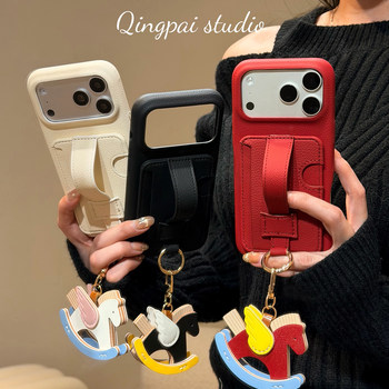 Lightweight Leather Solid Color Card Holder with Pony Lanyard Suitable for Apple 17 Pro Max Phone Case iPhone 16 Pro New Model 15 Women's Model 14 New Year Model Red 13 Simple Niche Full-Cover Hard Case