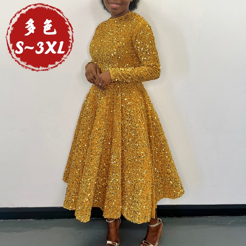 Foreign Trade Long-Sleeved Shiny Sequin Dress, Long Dress with Waist-Cinching Design, Slimming Banquet Host Dress Foreign Trade Long-Sleeved Shiny Sequin Dress, Long Dress with Waist-Cinching Design, Slimming Banquet Host Dress