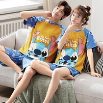 Couple pajamas womens summer pure cotton short-sleeved thin cute cartoon spring and autumn mens summer home wear suit can be worn outside