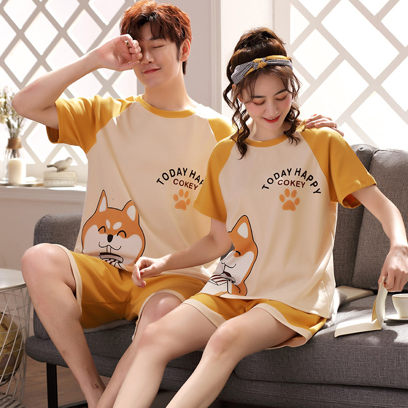 2 sets price couples pyjamas summer short sleeves pure cotton Korean version loose cartoon boys and girls can wear home suits suit-Taobao