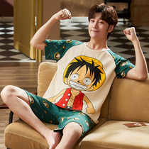 Pajamas mens short-sleeved cotton summer thin summer mens youth cartoon cute High School home clothing set