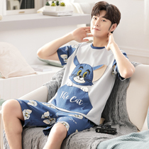 Mens pajamas summer thin cotton pajamas Mens summer short-sleeved shorts cotton casual cartoon home service suit