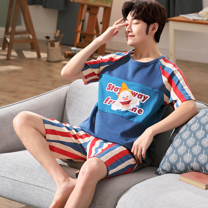 Bộ đồ ngủ mùa hè mens bông ngắn tay Hàn Quốc phiên bản của giản dị sọc bộ trẻ lớn kích thước mỏng mens bông nhà quần áo.