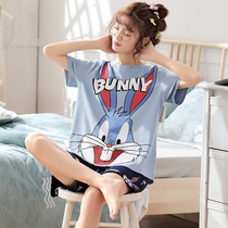Pajamas female summer thin pure cotton cute cartoon bunny female short sleeve pajamas cotton home suit summer