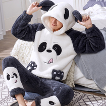 Mens pajamas Autumn and winter coral velvet thickened plus velvet cartoon hooded home clothes winter flannel mens suit