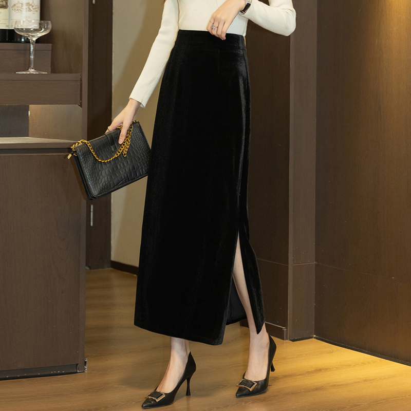 Velvet Straight Skirt for Women with Side Slits, 2026 Spring and Autumn New Style, Black Long Skirt, Pencil Skirt, High Waist, Slimming Velvet Straight Skirt for Women with Side Slits, 2026 Spring and Autumn New Style, Black Long Skirt, Pencil Skirt, High Waist, Slimming