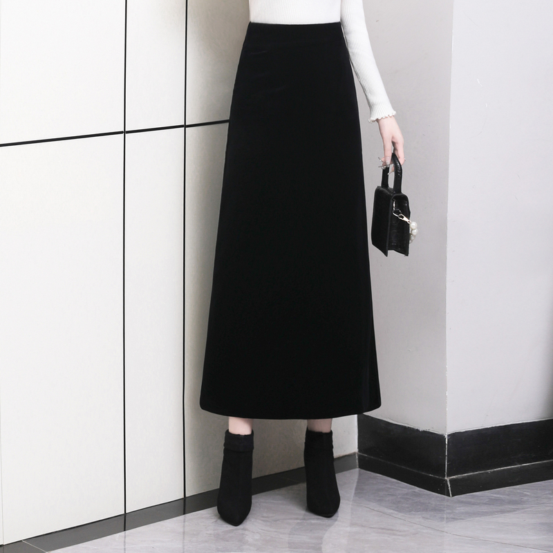 Velvet A-Line Skirt Without Slit, One-Step Skirt, 2025 Spring and Autumn New Style, Body-Covering Velvet Long Skirt with Drape Effect